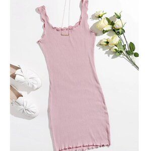 Pink Lettuce Trim Rib-knit Bodycon Dress